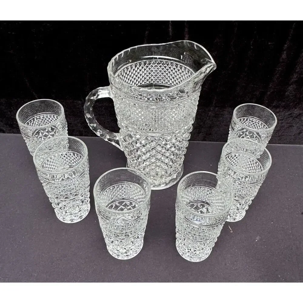 Anchor Hocking Wexford Diamond Cut Glass Vintage Pitcher & 6 Glasses EUC -8/28